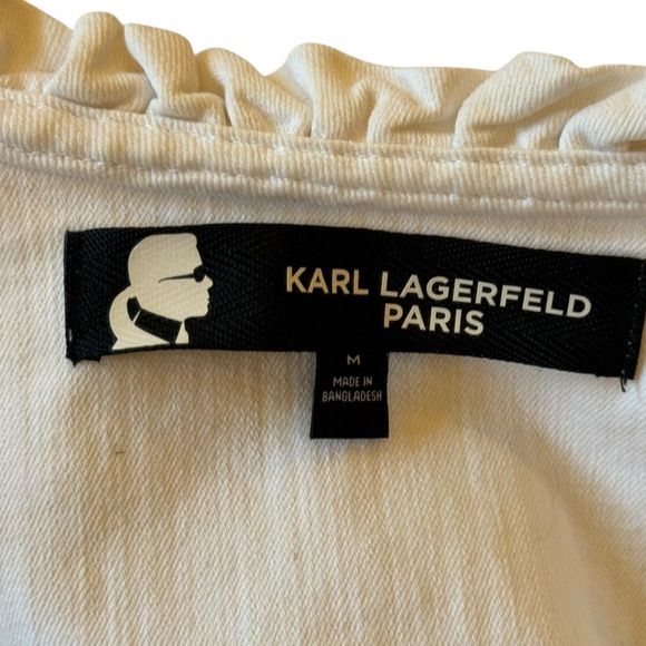Karl Lagerfeld | White Denim Ruffle Cropped Jacket Medium - Picture 4 of 11